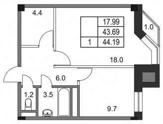 Однокомнатная квартира 44.18 м²