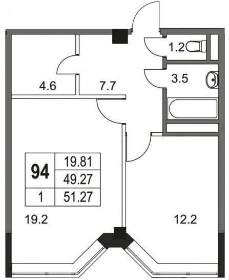 Однокомнатная квартира 51.8 м²