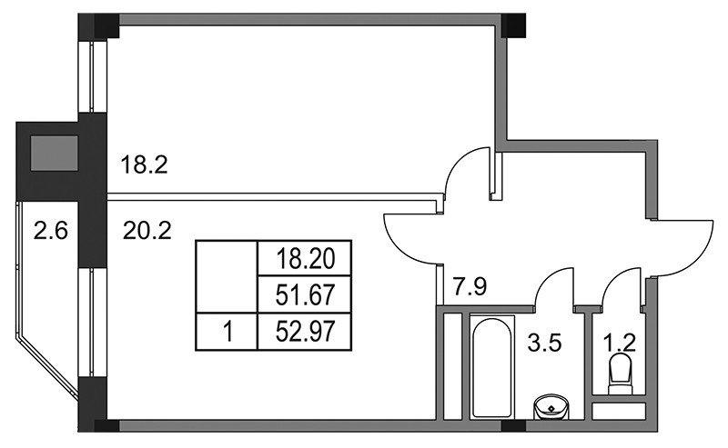 Однокомнатная квартира 52.95 м²