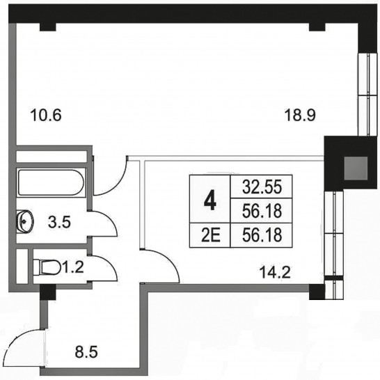 Однокомнатная квартира 56.18 м²