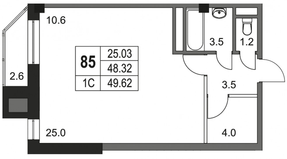 Студия 49.6 м²