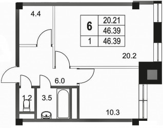 Однокомнатная квартира 46.39 м²