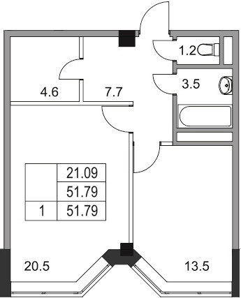 Однокомнатная квартира 51.8 м²