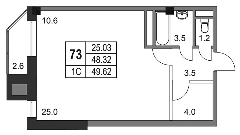 Студия 49.6 м²